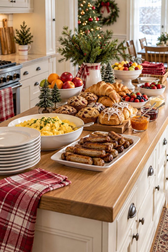 Christmas breakfast buffet on a kitchen island with food lined up from savory to sweet