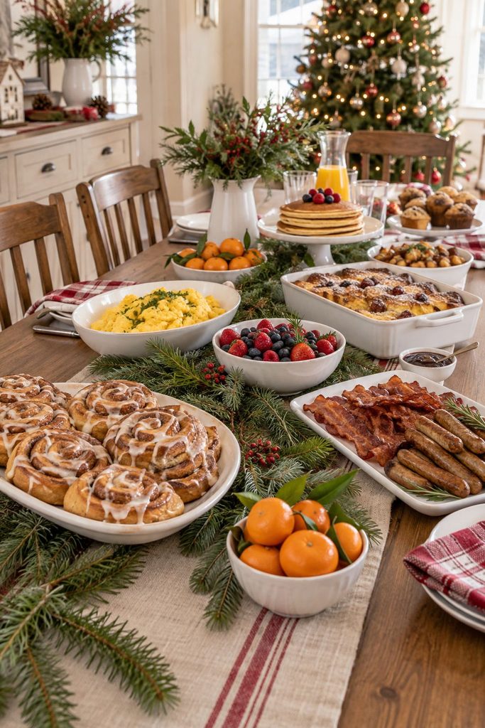 Christmas breakfast buffet table with a linen runner and fresh evergreen down the center