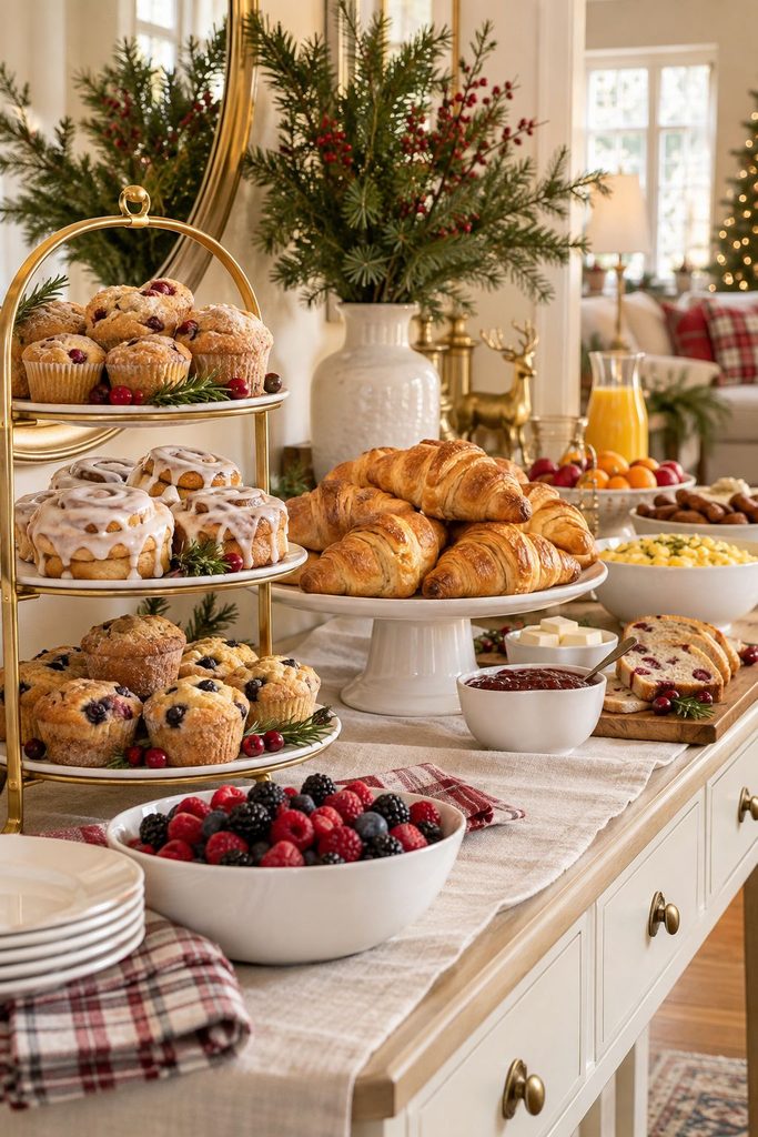 Christmas breakfast buffet on a sideboard with gold and cream tiered stands