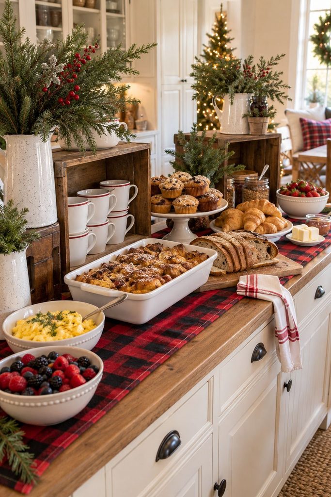Farmhouse Christmas breakfast buffet with a buffalo check runner, enamelware, and wooden crates