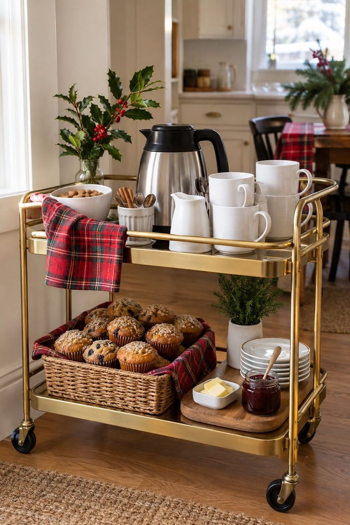 Small space Christmas breakfast buffet on a gold bar cart with coffee and muffins