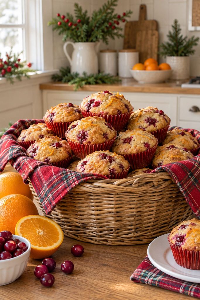 Mini cranberry orange muffins in red liners for a Christmas breakfast buffet