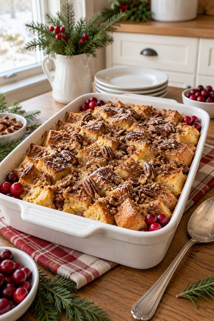 Eggnog French toast bake with a pecan topping for a Christmas breakfast buffet