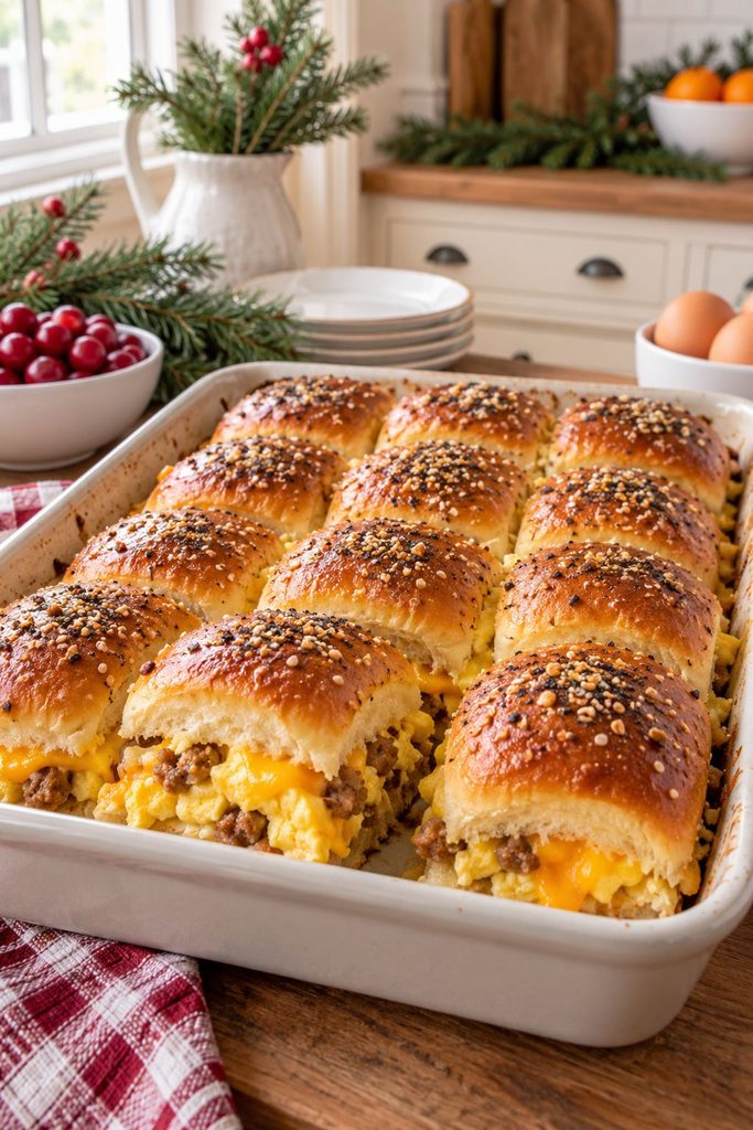 Breakfast sliders on Hawaiian rolls for a Christmas breakfast buffet