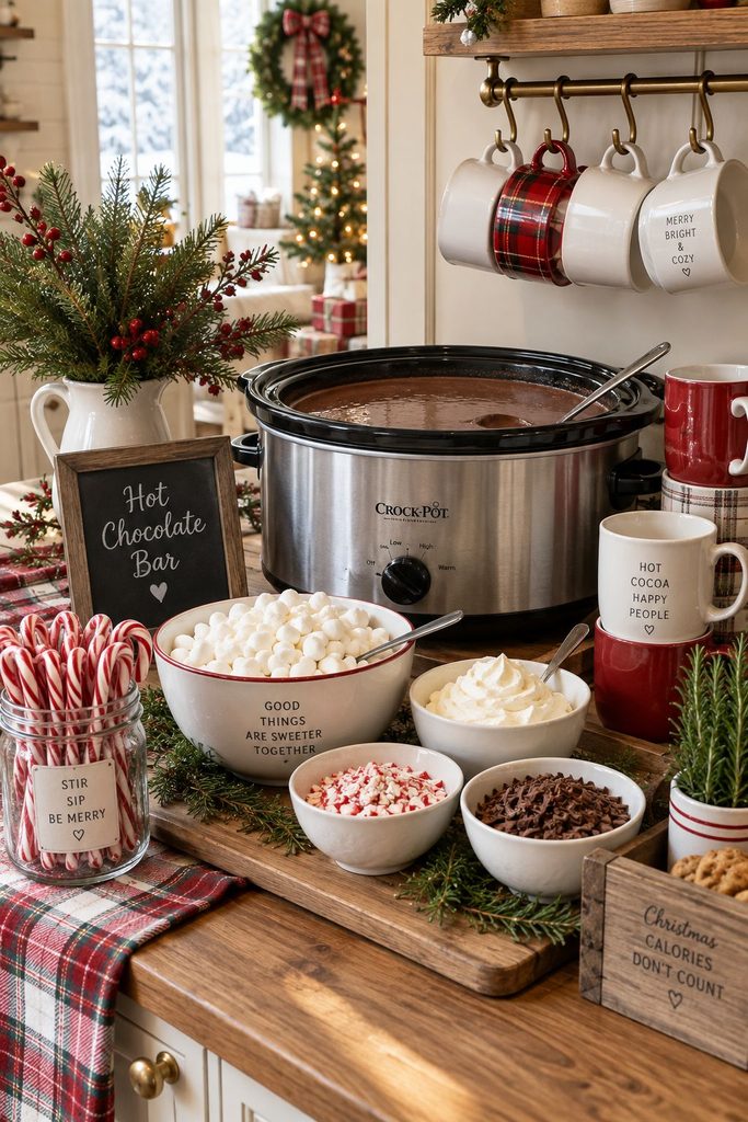 Hot chocolate bar with candy canes and toppings at a Christmas breakfast buffet