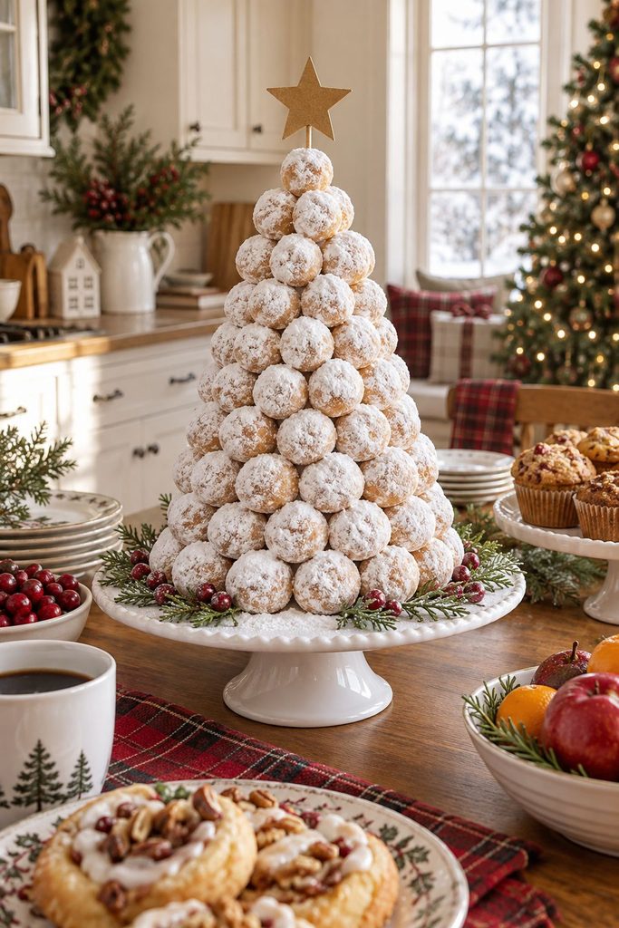 Donut hole Christmas tree centerpiece for a Christmas breakfast buffet