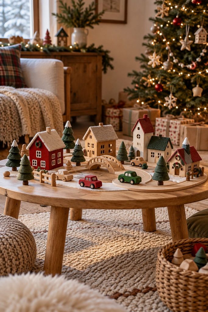 Kid-friendly Christmas village with wooden and felt houses, toy cars, and figures on a low table