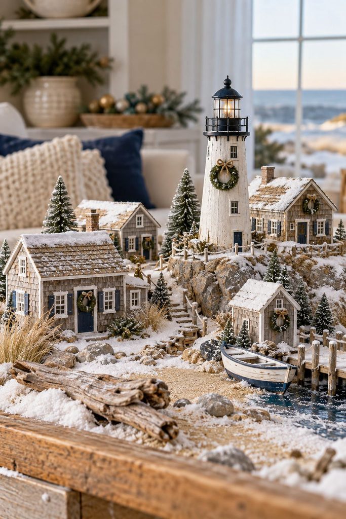 Coastal Christmas village with a lighthouse, weathered cottages, driftwood, and sand mixed with snow