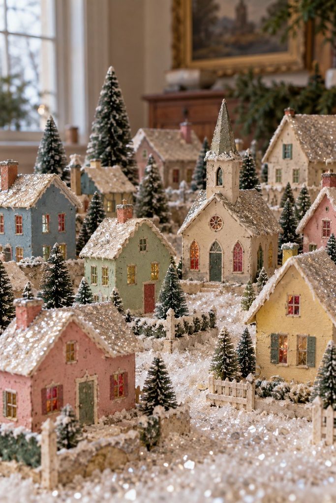 Pastel vintage putz Christmas village houses with glitter roofs on sparkly mica snow