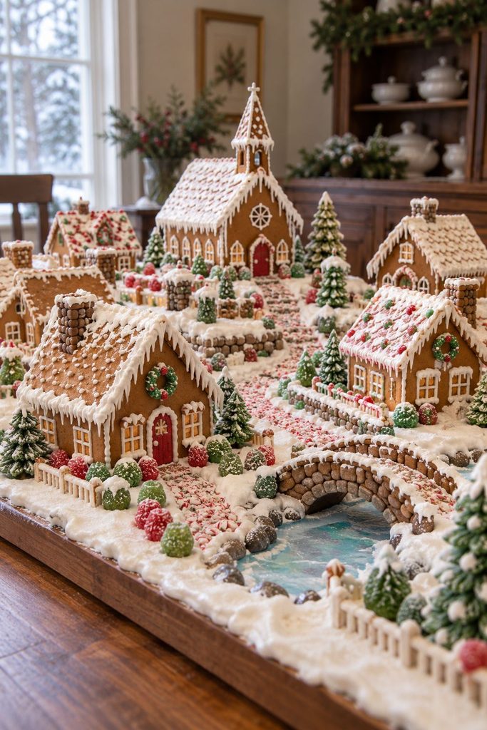 Edible gingerbread Christmas village with royal icing snow, candy paths, and peppermint trees