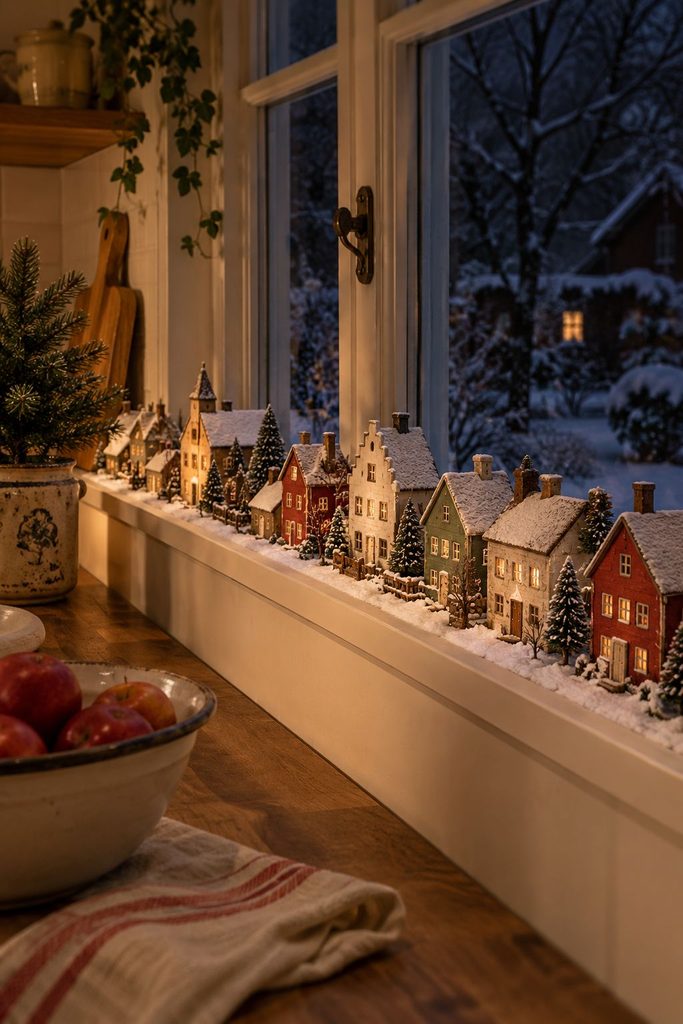 Narrow kitchen windowsill lined with tiny Christmas village houses, snow, and small trees