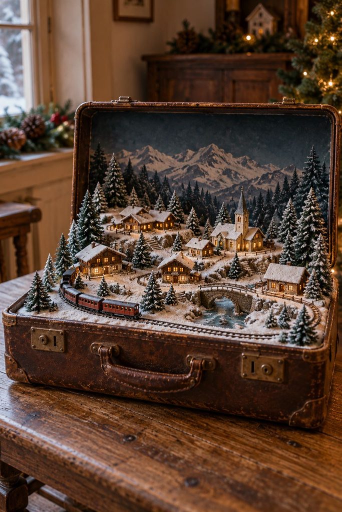 Open vintage leather suitcase with a snowy Christmas village scene built inside