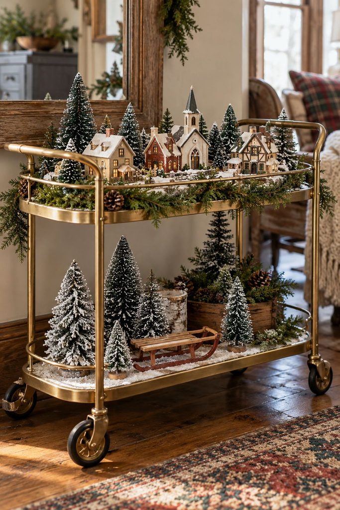 Brass bar cart with a Christmas village on the top shelf and snowy trees and a sled below
