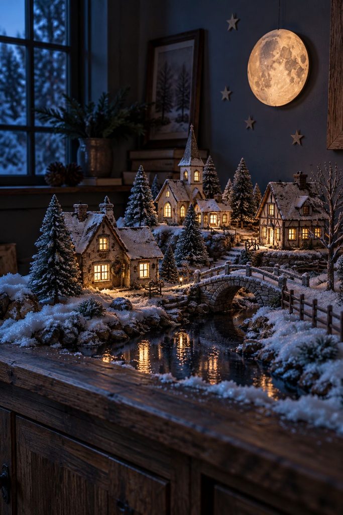 Moonlit Christmas village with cool blue light on the snow and warm glowing house windows