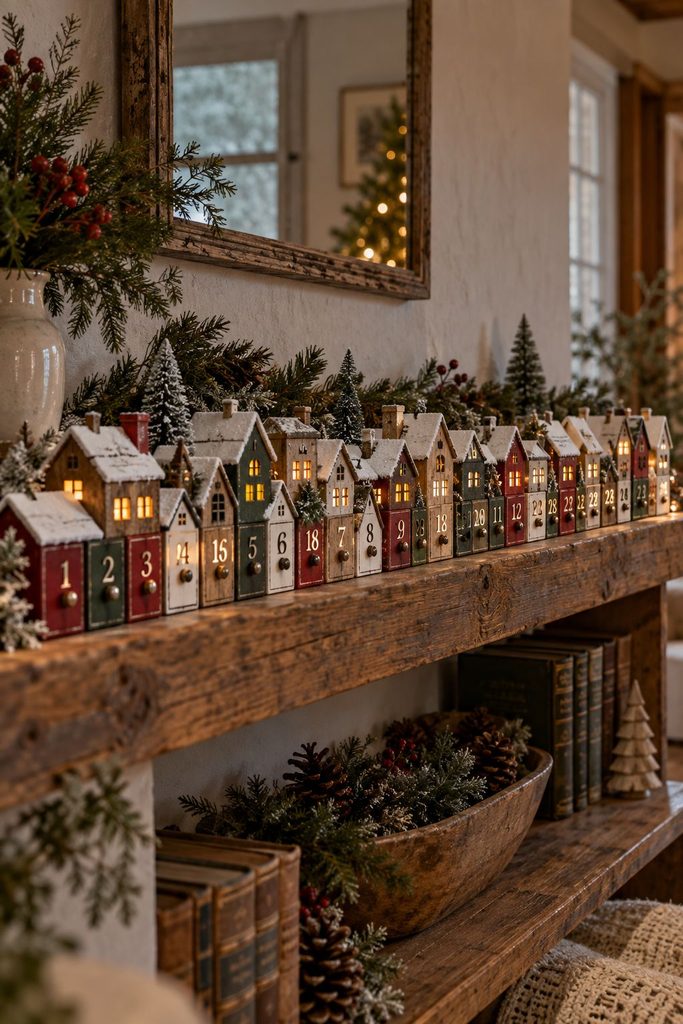 Advent calendar Christmas village with 24 tiny numbered houses along a shelf