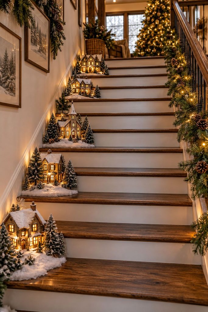Small Christmas village scenes along the outer edge of staircase steps connected by garland
