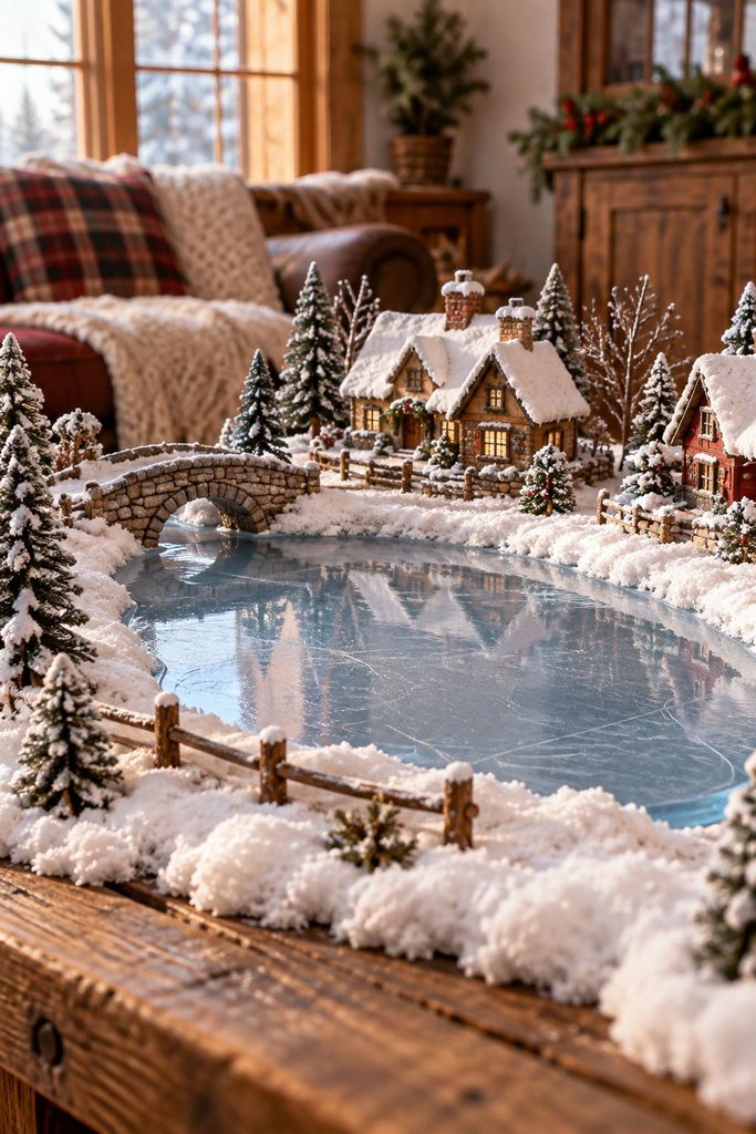 Christmas village with a clear acrylic frozen lake, tiny ice skaters, and fluffy snowbanks