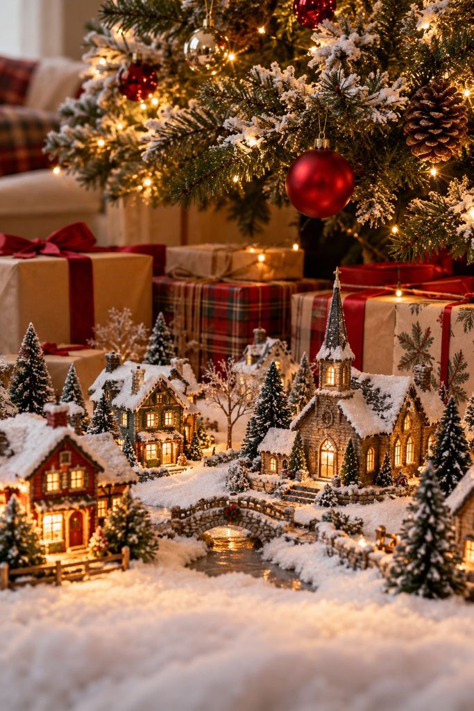 Christmas village spread on a snow blanket around the base of a decorated Christmas tree