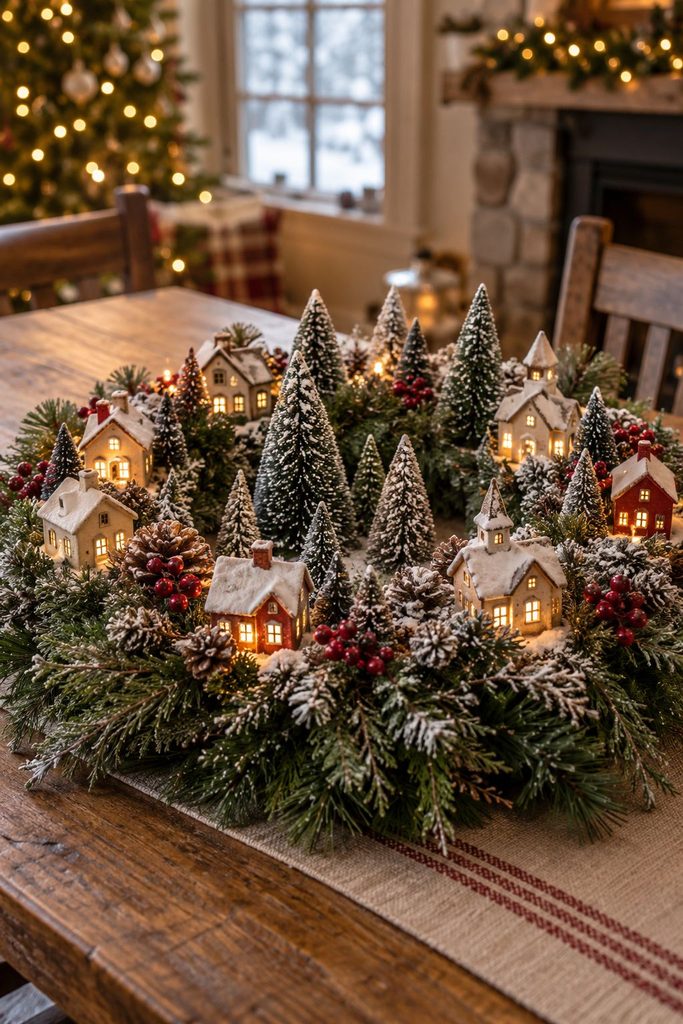 Evergreen wreath laid flat on a table with Christmas village houses tucked around it and a candle in the center