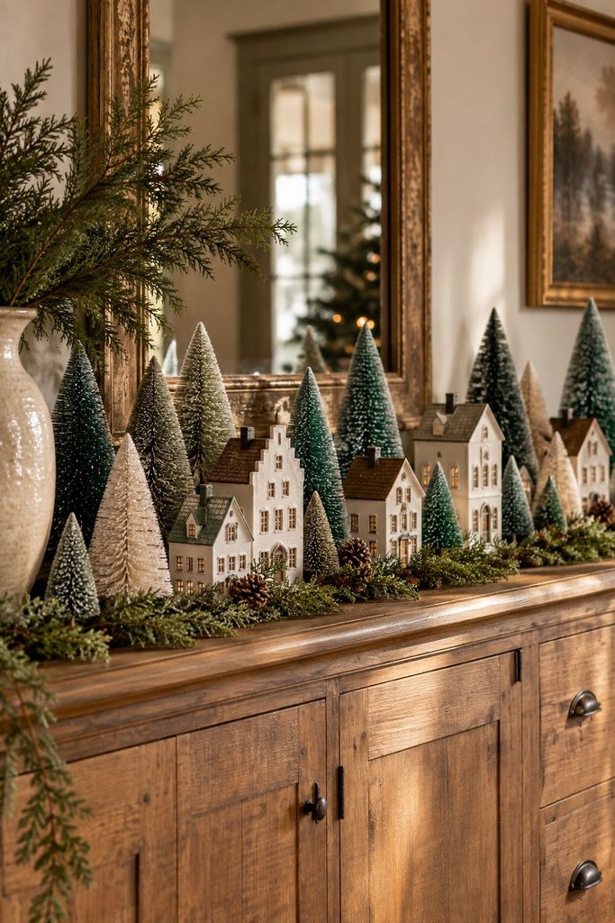 Vintage-style Christmas village on a sideboard surrounded by sage, teal, and white bottle brush trees