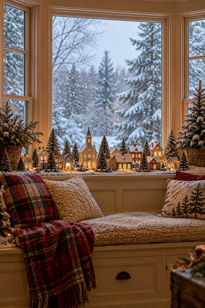 Small Christmas village on a bay window seat with snowy trees visible through the window