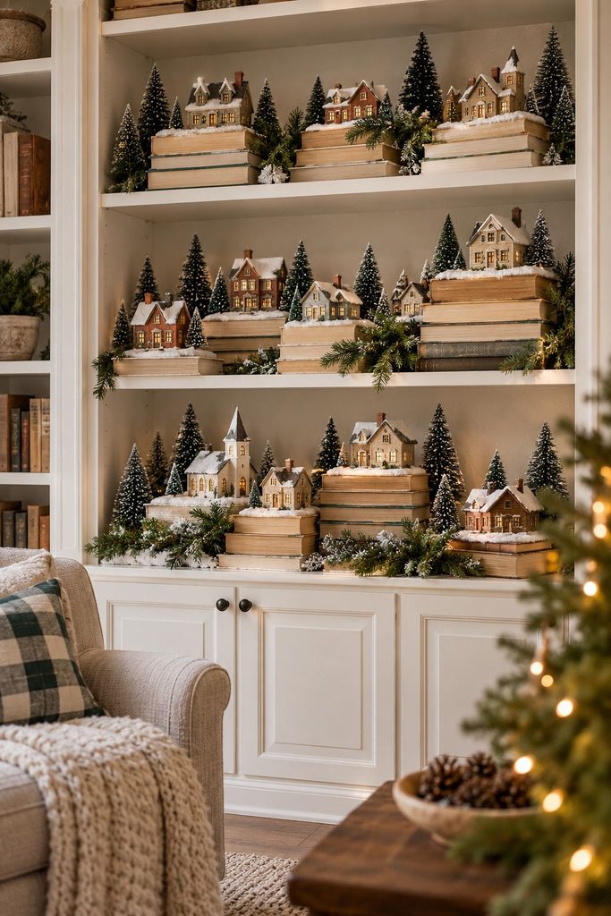 White built-in bookcase Christmas village with houses on stacks of books turned pages-out and dusted with faux snow
