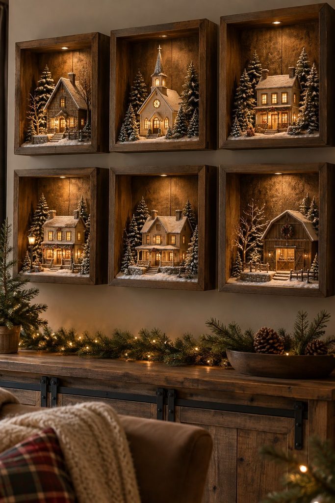 Gallery wall of deep wooden shadow boxes each holding a lit mini Christmas village scene