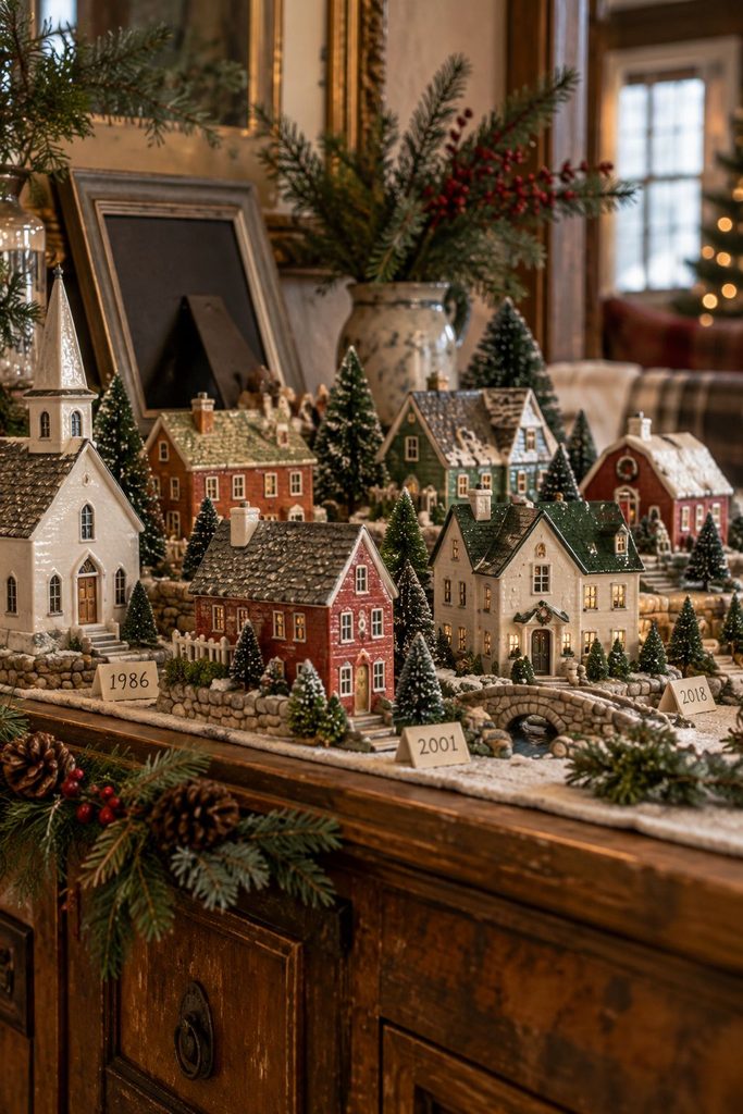 Family heirloom Christmas village with handwritten year tags under each house