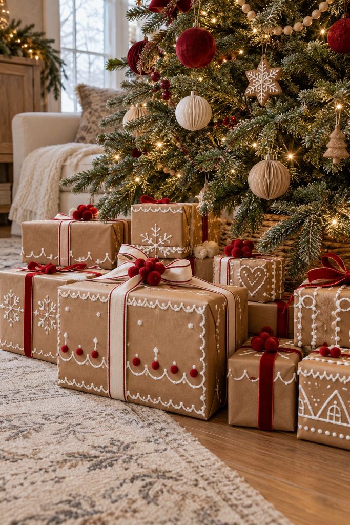 Gingerbread themed gift wrap with brown kraft paper, white icing squiggles, and red pom-pom bows under a Christmas tree