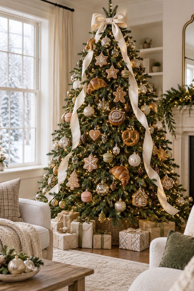 Bakery themed Christmas tree with glass croissant, cinnamon roll, and macaron ornaments beside iced gingerbread cookies