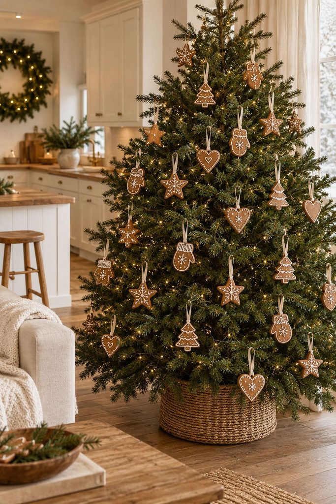 Christmas tree hung with homemade iced gingerbread ornaments shaped like stars, mittens, and hearts