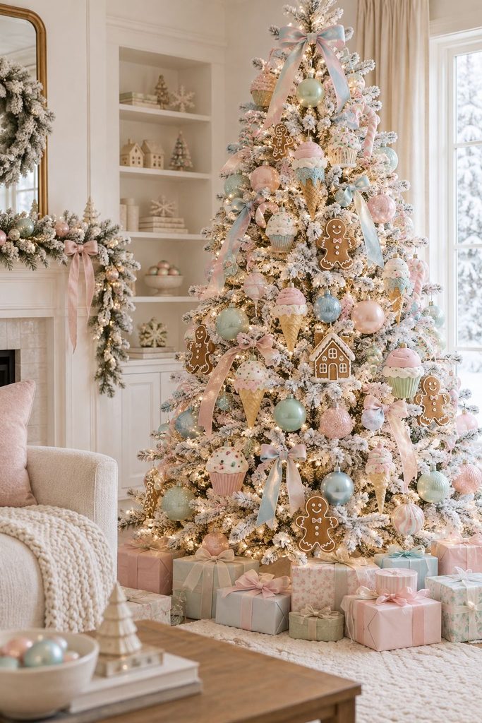 Pastel candyland gingerbread Christmas tree on a white flocked tree with pink, mint, and baby blue ornaments