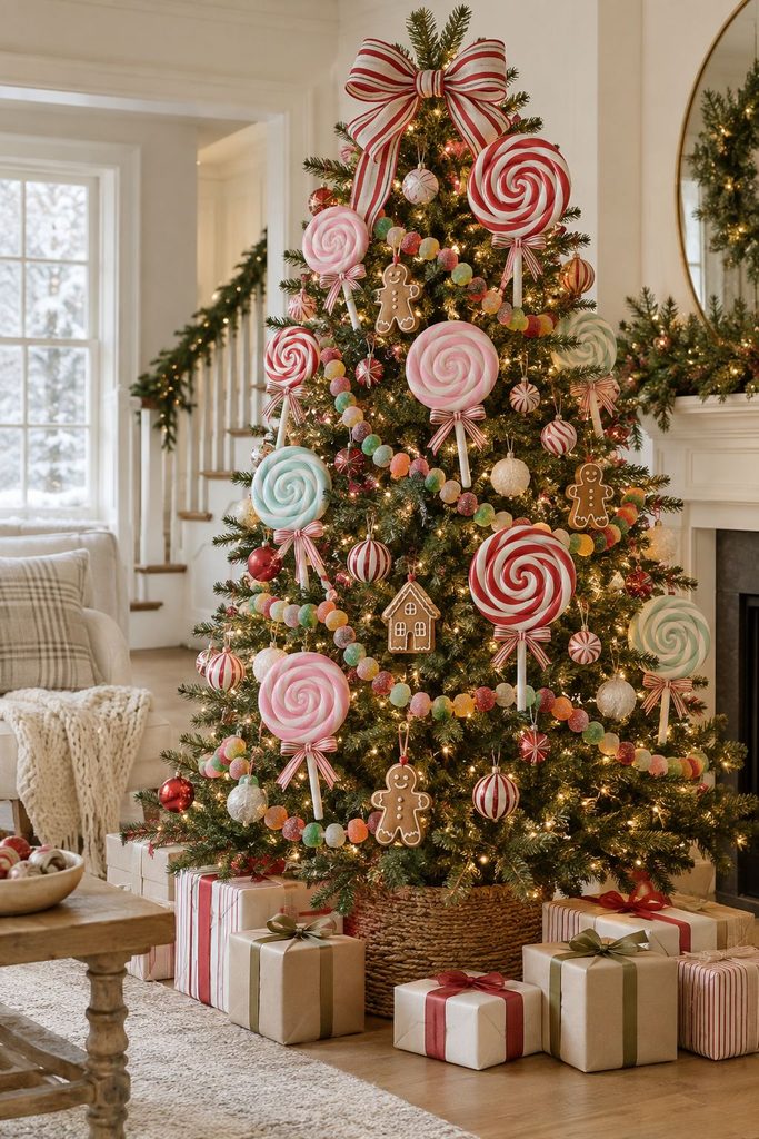 Giant lollipop and gumdrop gingerbread Christmas tree with oversized swirl lollipops and gingerbread cookies