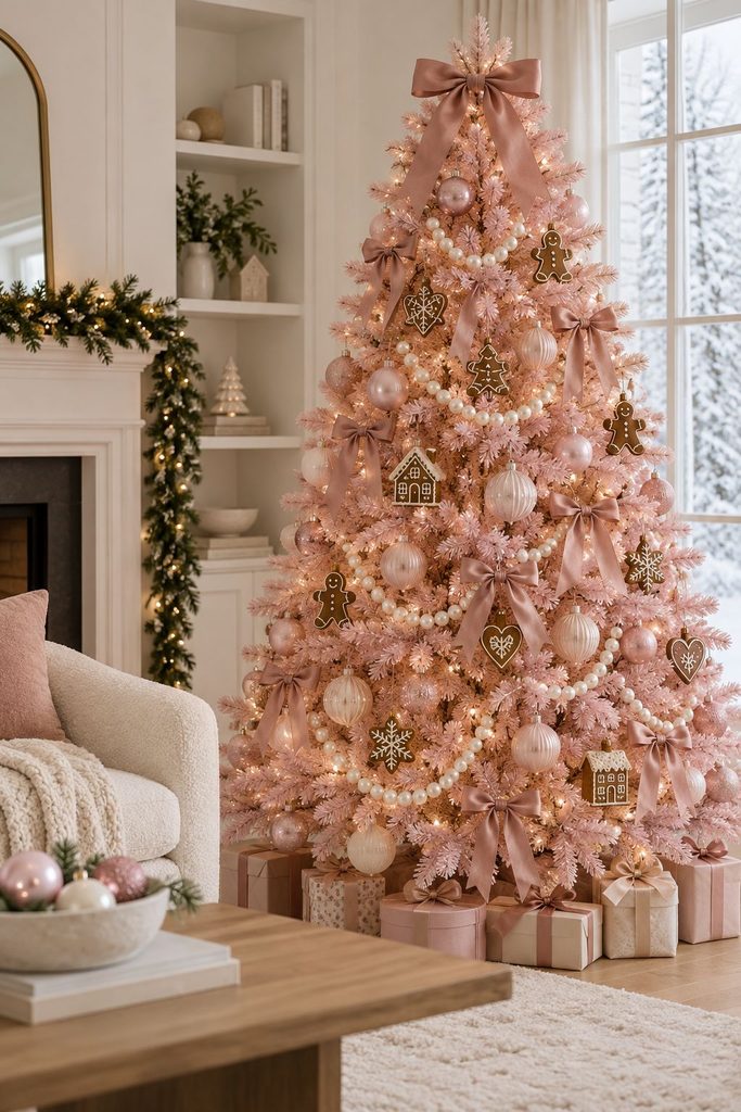 Blush pink Christmas tree with chocolate brown gingerbread cookies, cream pearl garland, and dusty rose bows