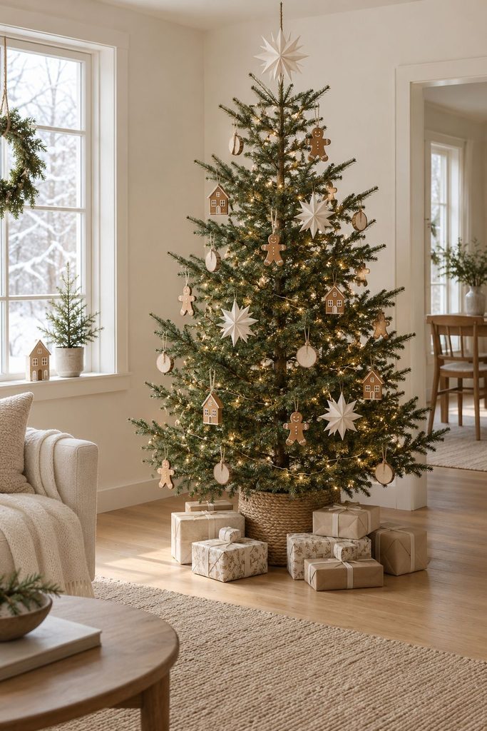 Scandi Christmas tree with wooden gingerbread cutout ornaments, birch slices, and white paper stars