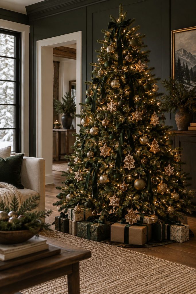 Moody forest green gingerbread Christmas tree with brass ornaments, velvet ribbon, and iced gingerbread cookies