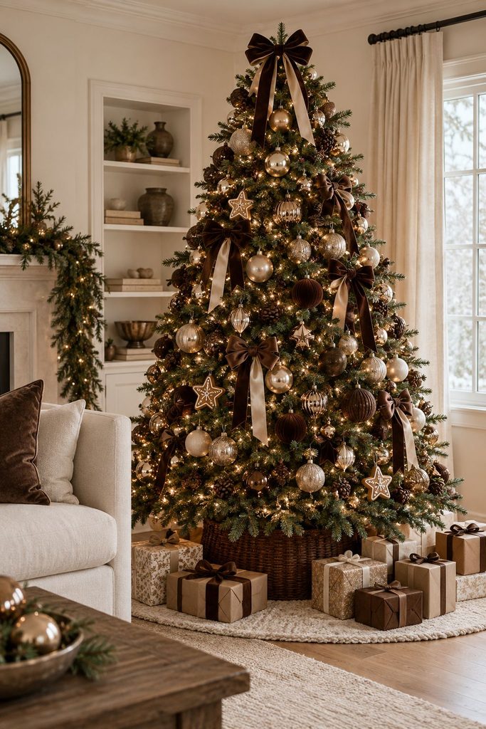 Coffee and cream gingerbread Christmas tree in espresso, mocha, cream, and champagne gold with iced gingerbread stars