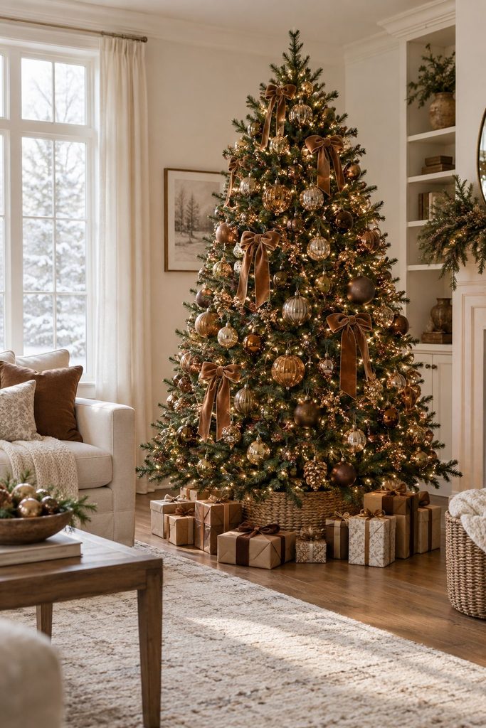 Honey, caramel, and bronze Christmas tree in gingerbread colors with velvet ribbon and mercury glass ornaments