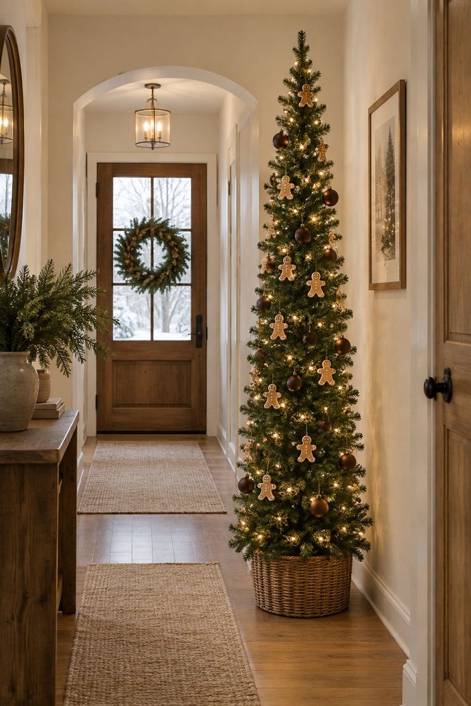 Slim pencil gingerbread Christmas tree in an entryway with mini gingerbread men in a woven basket