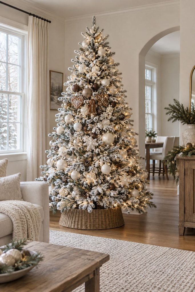 Cream flocked Christmas tree with white and gold ornaments and a few gingerbread cookies and brown baubles