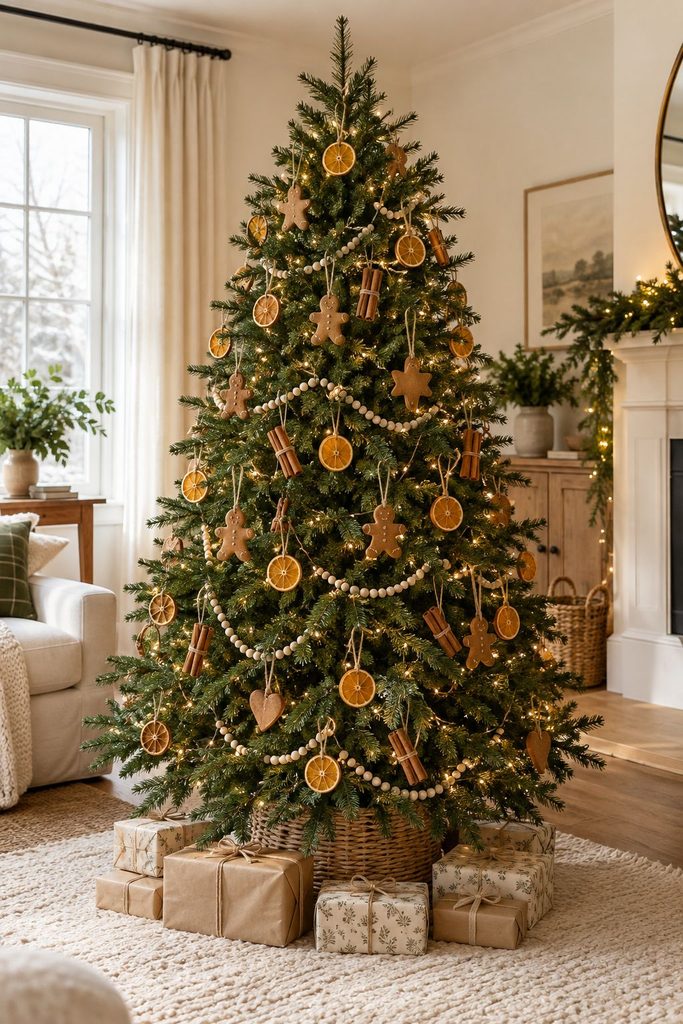 Rustic gingerbread Christmas tree with dried orange slices, cinnamon bundles, and unfrosted gingerbread cookies on twine
