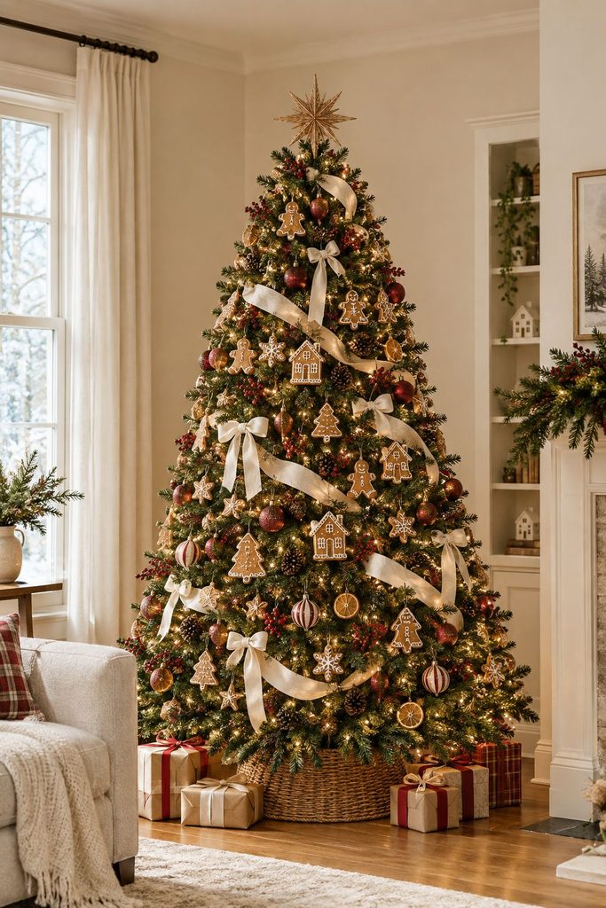 Gingham bakery Christmas tree with red and white bows, mini rolling pins, whisks, copper cookie cutters, and gingerbread houses