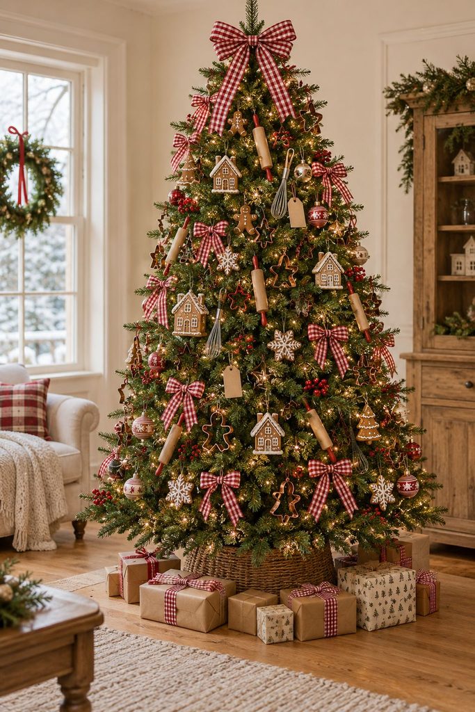 Candy cane stripe gingerbread Christmas tree with red and white ribbon, candy canes, and peppermint ornaments