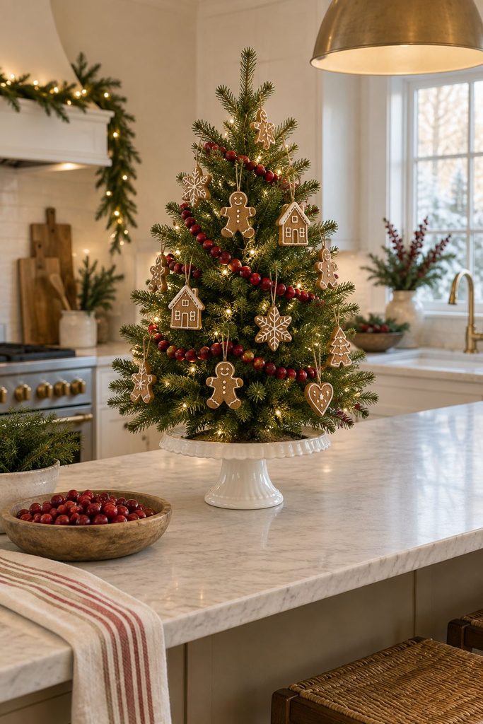 Tabletop gingerbread Christmas tree on a white cake stand with mini cookie ornaments and cranberry garland