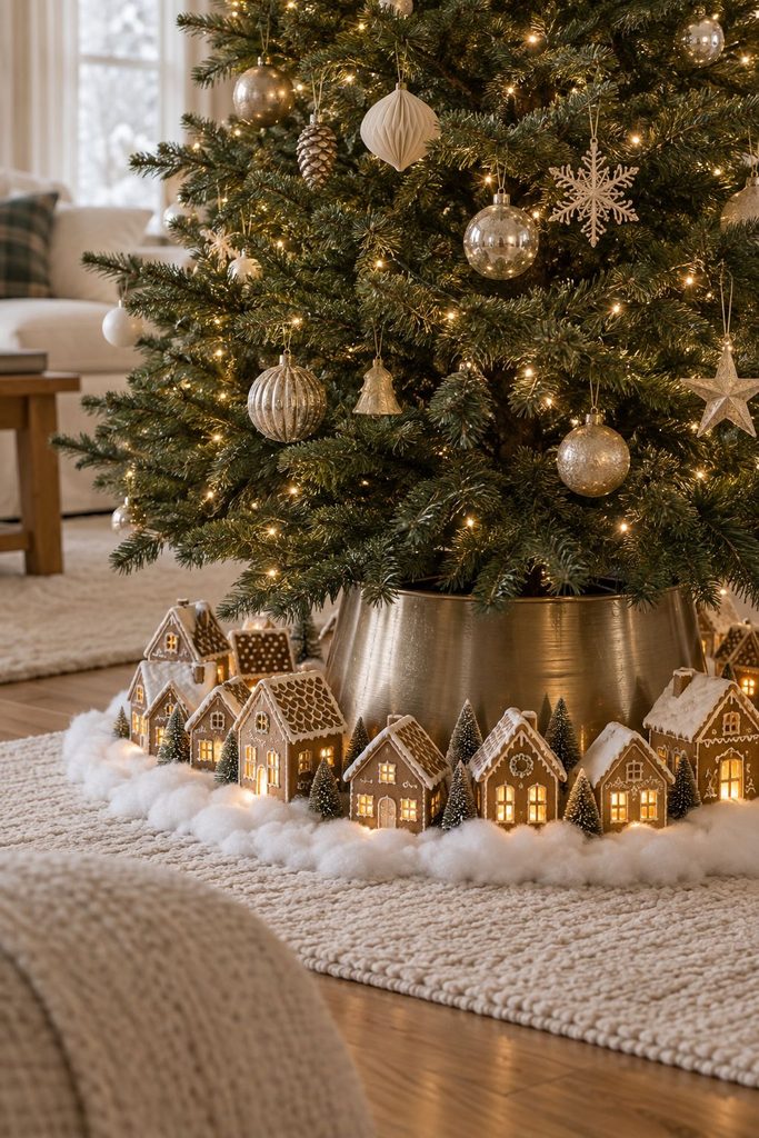 Gingerbread village tree collar with small gingerbread houses around the base of a Christmas tree