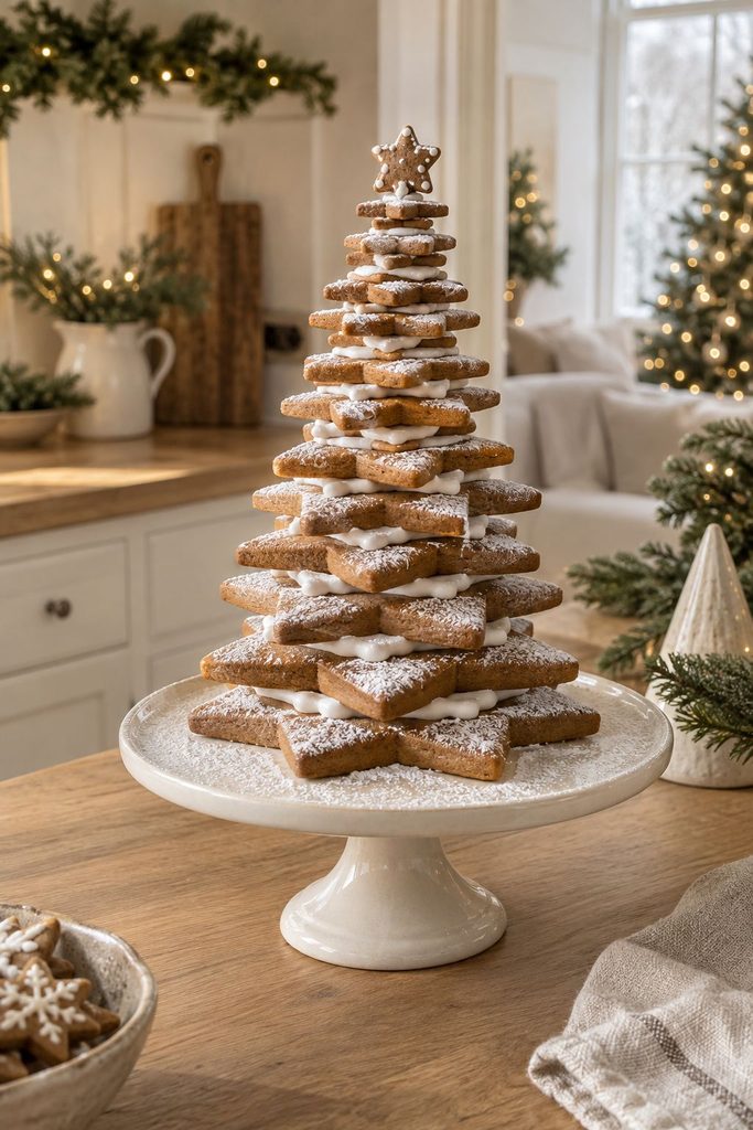 Stacked star-shaped gingerbread cookie tree dusted with powdered sugar