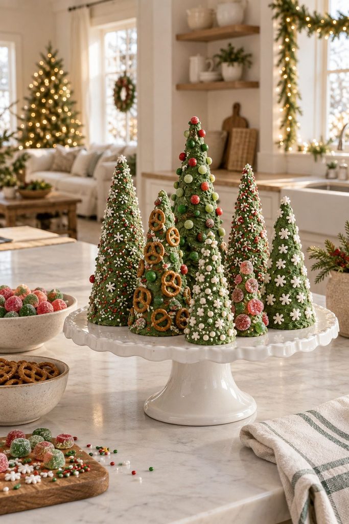 Sugar cone Christmas tree forest covered in green icing, gumdrops, and pretzels on a cake stand