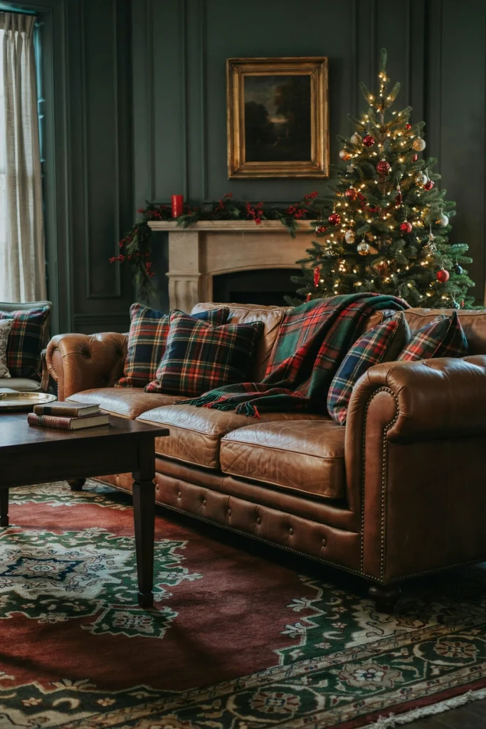 Leather sofa with plaid Christmas pillows and tartan throw blankets by a fireplace