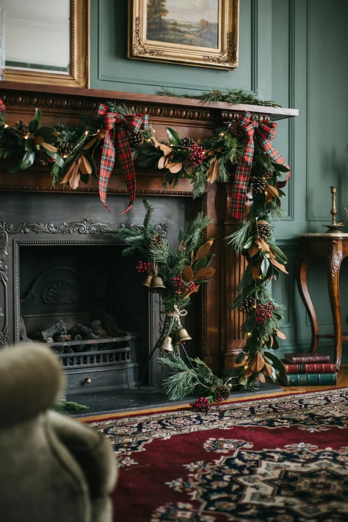 Ralph Lauren Christmas mantel garland with large red and green tartan bows and red berries