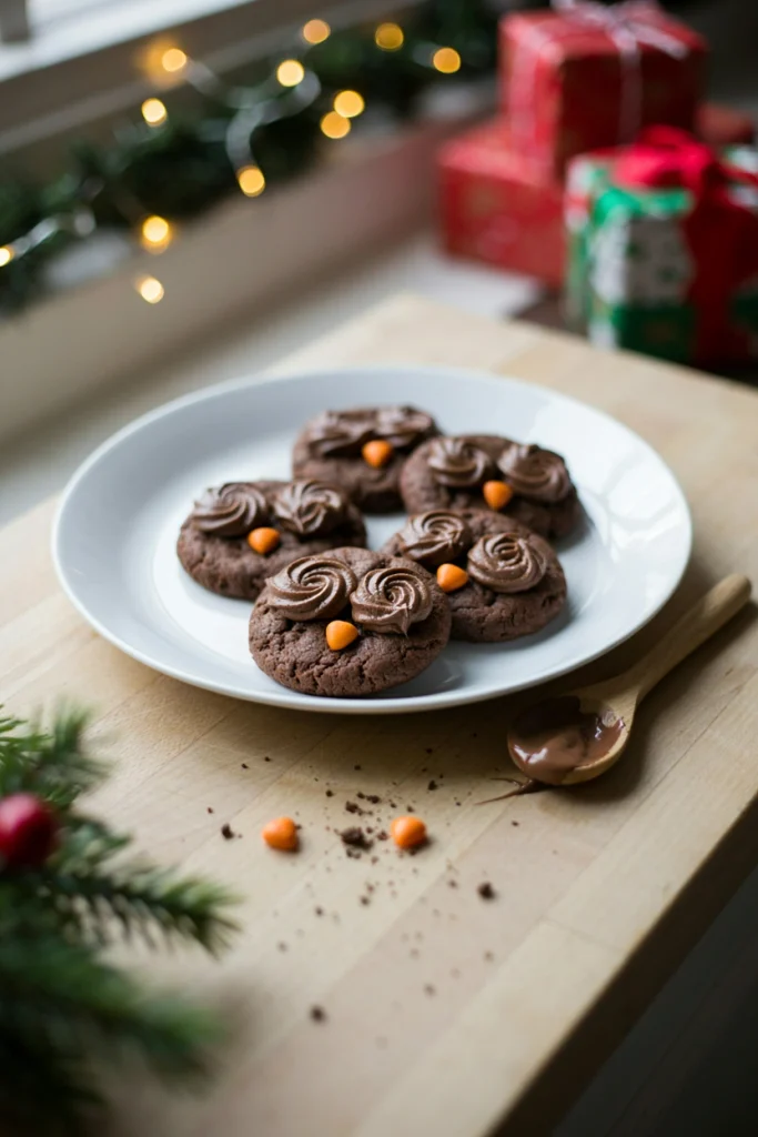 Round chocolate cookies decorated with two swirled chocolate and vanilla candy eyes and a small orange candy triangle beak, resembling owls.